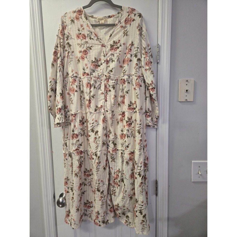 Studio West Apparel Floral Rose Tiered Maxi Dress Cream Pink XL Long Sleeve Boho